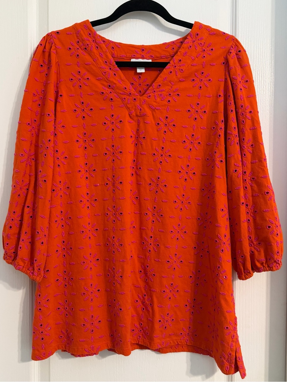 J Jill Cotton Orange Pink Embroidered Eyelet Tunic Top Boho Resort Style Size M